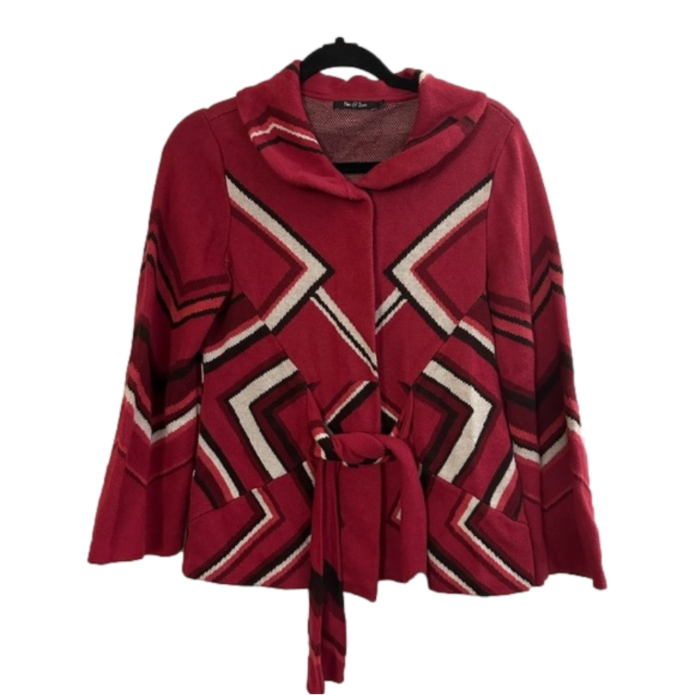 Nick + Zoe Red Chevron Tie Button Front Cardigan Sweater Jacket Sz Small